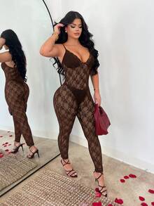 SHEIN SXY Sexy Sheer Lace Jumpsuit - Brown - View 5