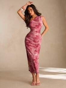 Glamine 女士假日印花单肩褶皱开衩连衣裙长款女装 - 彩色 - 查看 7