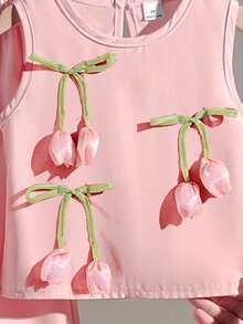 Souflis Souflis 2pcs Young Girl' Fashionable Cute 3D Tulip Grapes Flowers Decor Sleeveless Tank Top & 3/4 Pants Set,Versatile For Daily Wear, Vacation & Outings, Spring/Summer New - Pink - View 4