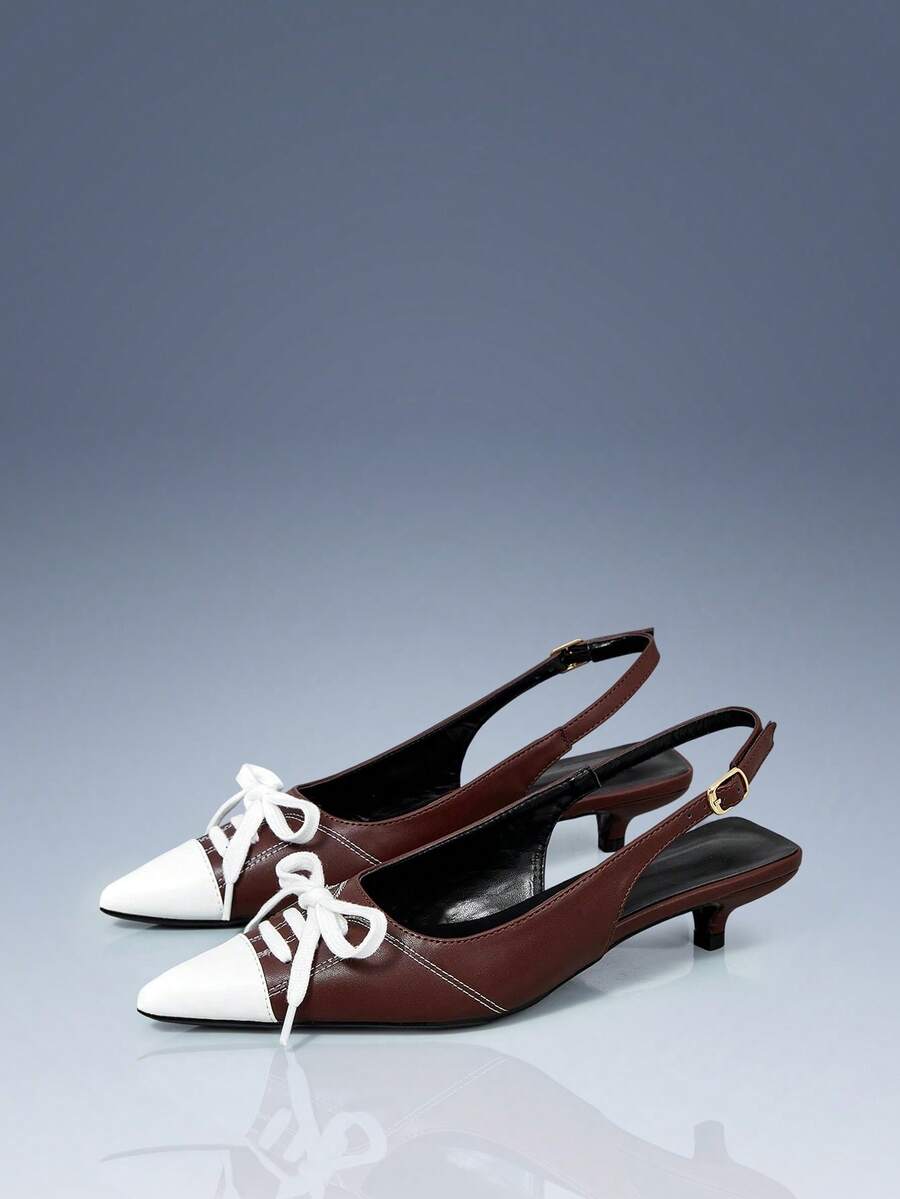 CUCCOO GRLICON Brown And White Color Matching Pointed Straps Decorative Backspace Commuter Kitten And Women's High Heels, 2000's Style, Y2K Wear, Suitable For Spring And Summer, Vacation Season, Vacation Atmosphere, Summer Wear, A Must For Travel - Brown and white color matching 1 - View 1