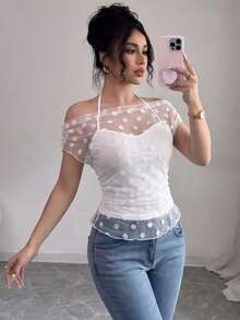 Selianne Women's Summer White Polka Dot Mesh Halter Neck Top, Y2K Sexy Style Off-Shoulder Ruched Cropped Blouse Golf - White - View 4