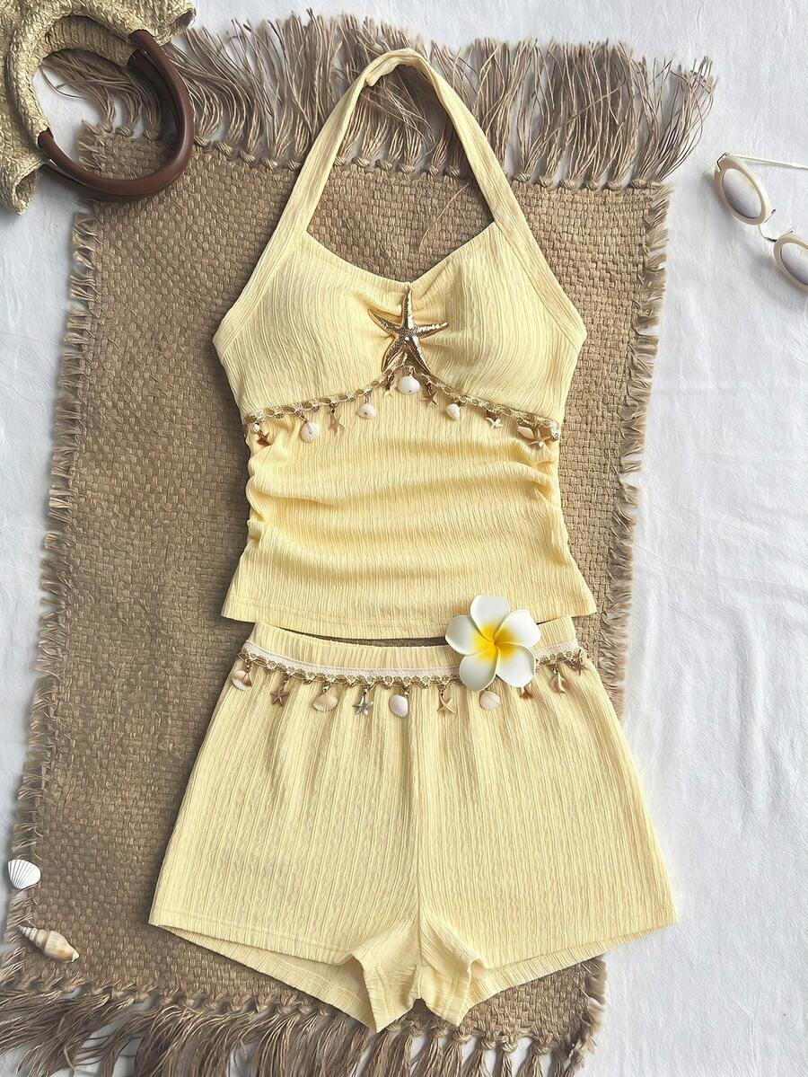 SHEIN Sparklyn Tween Girls 2pcs/Set Yellow Swimsuit,3D Ruffle Texture,Rhinestone Starfish & Shell Halter Top,Shorts Soft Summer Colour Palette,Summer,Funny - Yellow - View 1