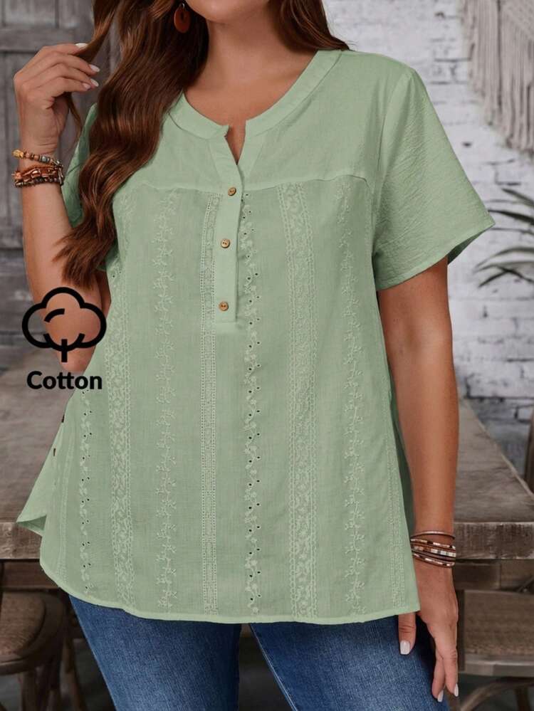 Plus Size Women Casual Commuting Mesh Embroidered Short Sleeve Blouse