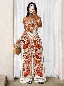 SHEIN BamGlam Bộ đồ 2 mảnh gồm áo croptop không dây in họa tiết Paisley phong cách Bohemian với vạt áo bất đối xứng và quần ống rộng cạp chun, thích hợp cho đi biển, nghỉ lễ và mặc hàng ngày, mùa xuân/hè. - Nhiều màu - Xem 3