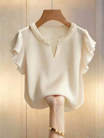 GlowEve Women's Summer Solid Color Minimalist Commuter Round Neck Pearl Decor Pearl Blouse, Fashionable Elegant Ruffle Sleeve Short Sleeve Shirt, Suitable For Daily Outings And Commuting
