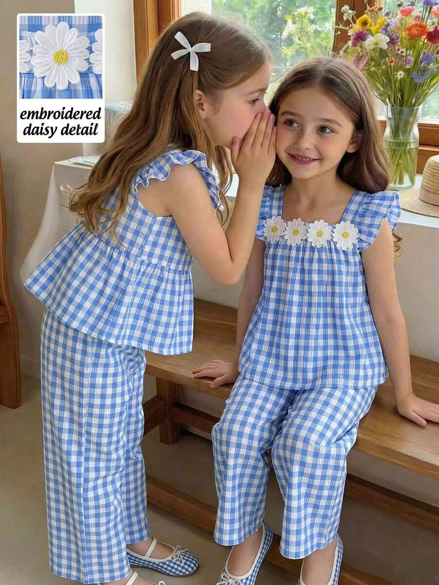 2026夏季新款女童4-7岁蓝白格子雏菊短袖两件套，儿童宽松阔腿裤套装 - 藍色 - 查看 1