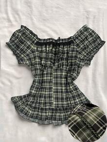 Attitoon Off-Shoulder Coffee Brown Gingham Ruffle Trim Blouse, Cute Women Top,Summer Top - Dark Green - View 3
