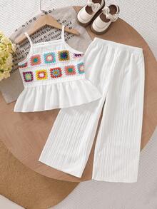 Elladie kids 2件套女童休闲度假3D立体花卉钩编蕾丝边吊带背心+松紧腰宽松阔腿裤套装，夏季度假优雅可爱通勤装 - 白色 - 查看 8