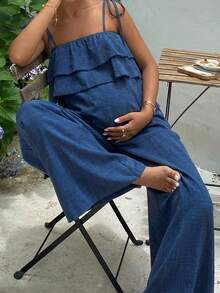 Conjunto de 2 piezas de maternidad con top de tirantes con volantes y pantalones anchos de pierna larga con cintura ajustable, estilo vacacional casual - Azul - Ver 14