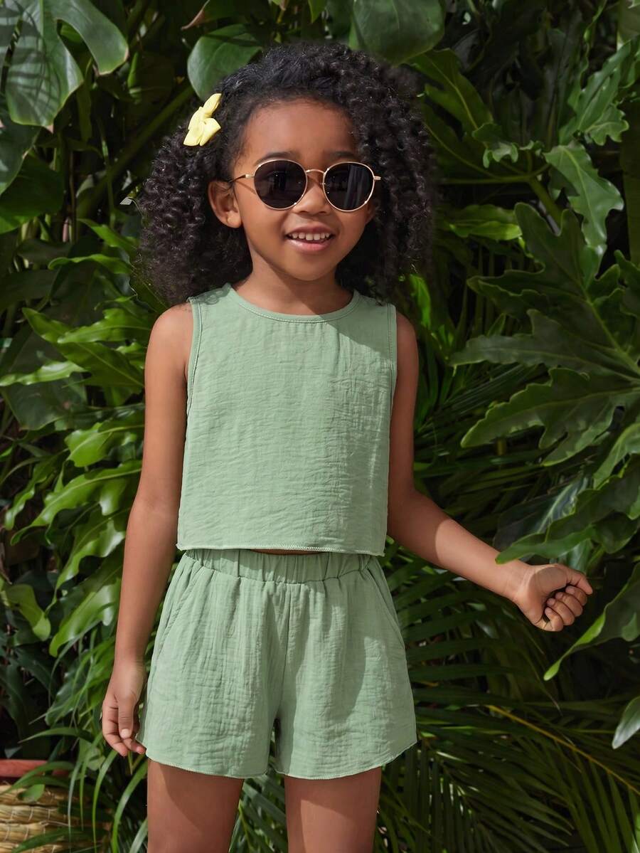 2pcs/Set Young Girls Loose T-Shirt + Contrast Color Pants Casual Daily Fashion Versatile Comfortable Outfit - Green - View 1