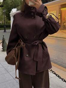 Elyressa Women's Solid Color Raglan Sleeve Casual Commuter Trench Coat - Brown - View 6