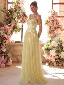 Glamrae Elegant Pale Yellow Satin Dress,Strapless 2-Piece Style A-Line Silhouette With Lace Trim & Handmade Applique,Perfect For Wedding,Prom & Evening Gowns - Light Yellow - View 2
