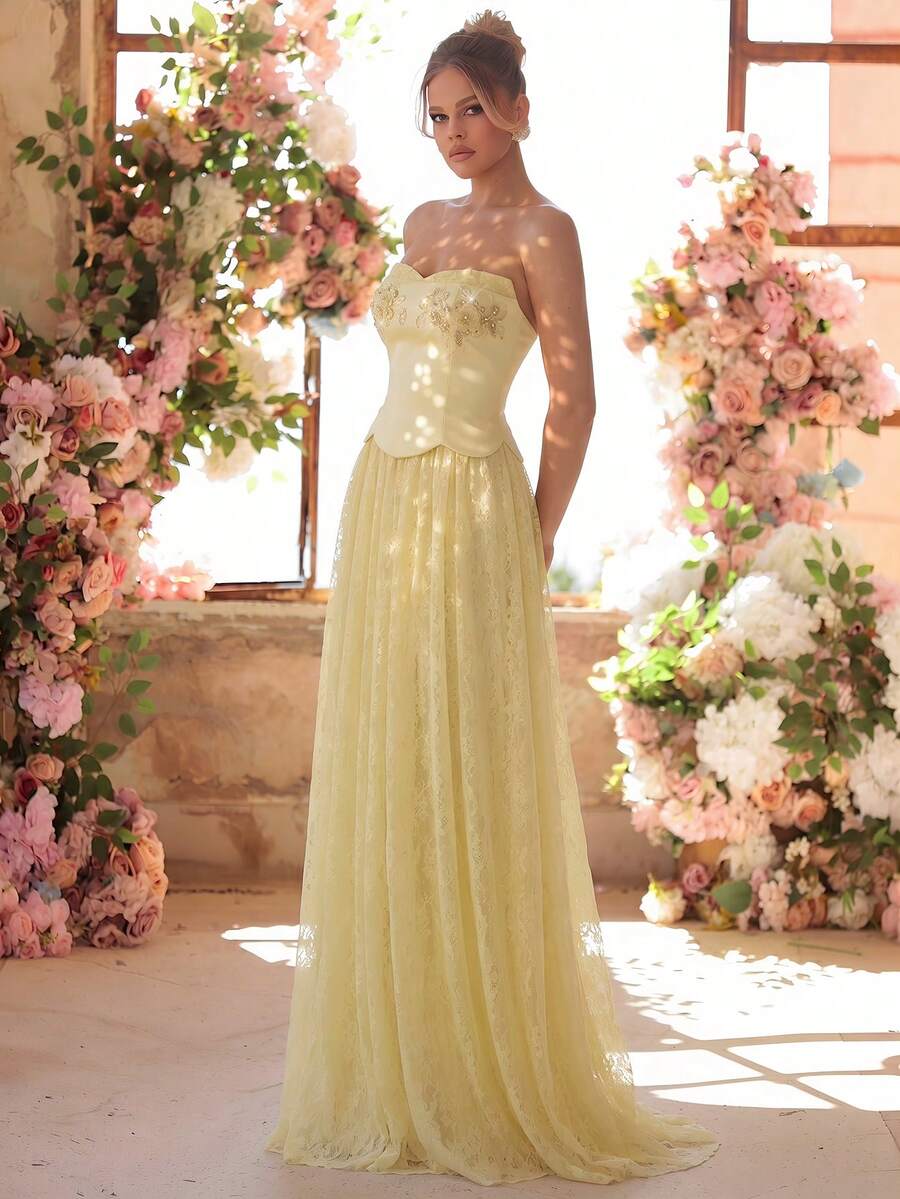 Glamrae Elegant Pale Yellow Satin Dress,Strapless 2-Piece Style A-Line Silhouette With Lace Trim & Handmade Applique,Perfect For Wedding,Prom & Evening Gowns