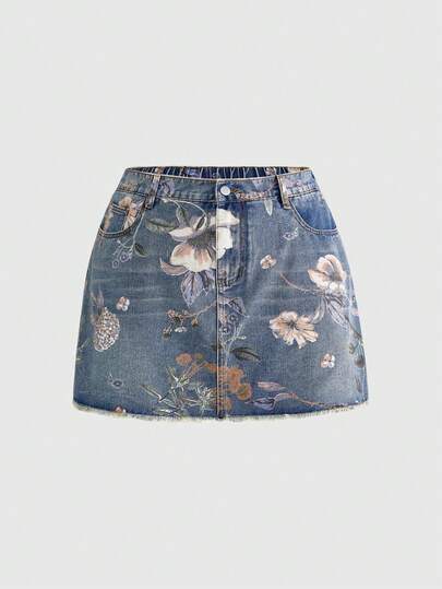 ROMWE Fairycore Minifalda de mezclilla con estampado floral vintage para mujer de talla grande