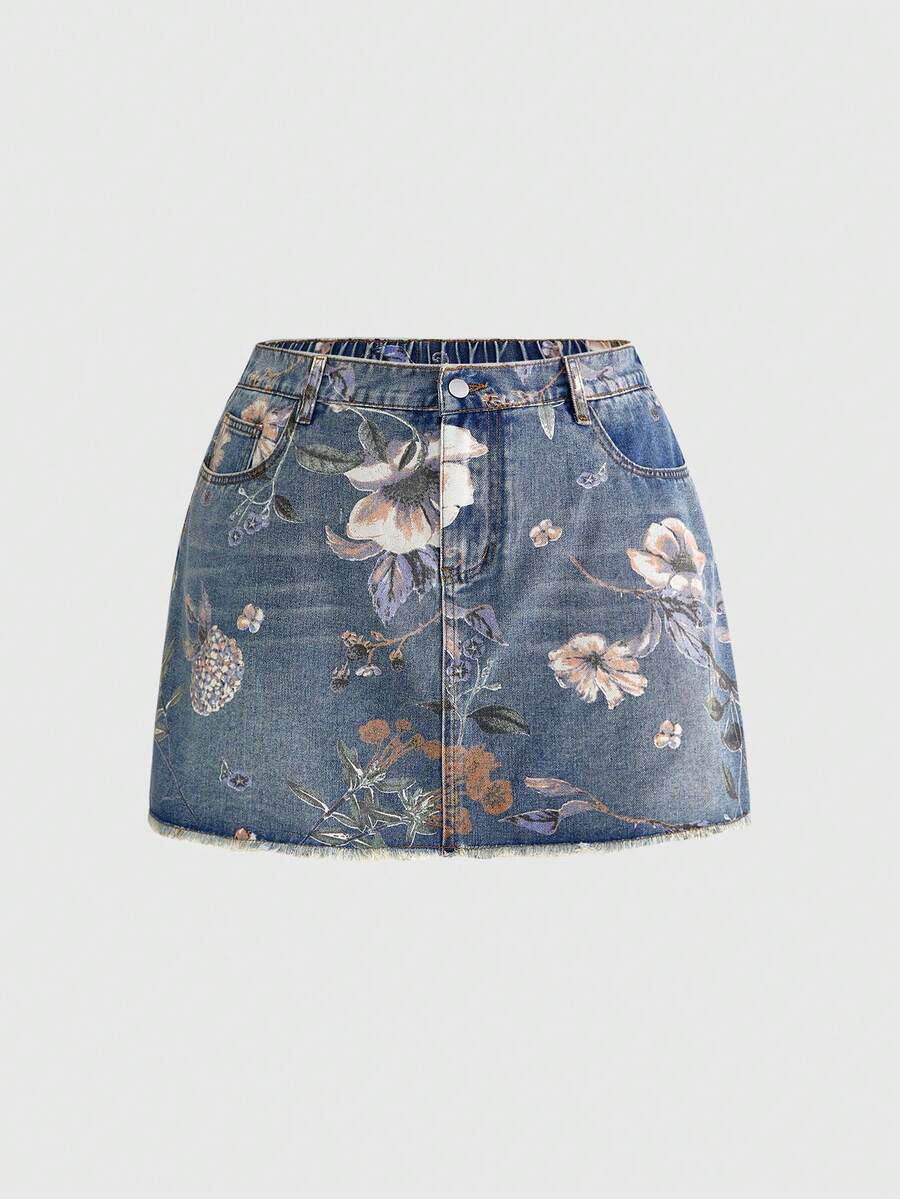 ROMWE Fairycore Summer Outfits Vintage Floral Print Washed Plus Size Women Denim Mini Skirt - Blue - View 1