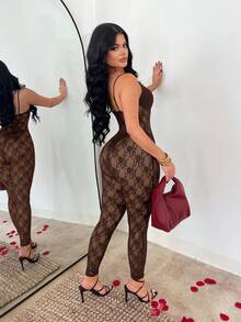 SHEIN SXY Sexy Sheer Lace Jumpsuit - Brown - View 2