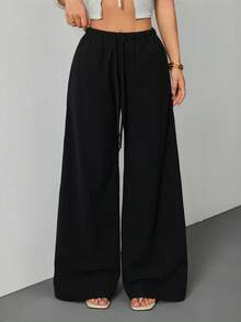 SHEIN PETITE Textured Linen Feel Tie Waist Trousers, Casual Boho Beachwear, Suitable For Spring/Summer, Versatile All-Match Style - Black - View 6