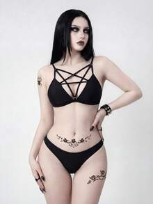 ROMWE Goth 女士夏季沙滩纯色吊带时尚比基尼和三角泳裤套装 - 黑色 - 查看 3