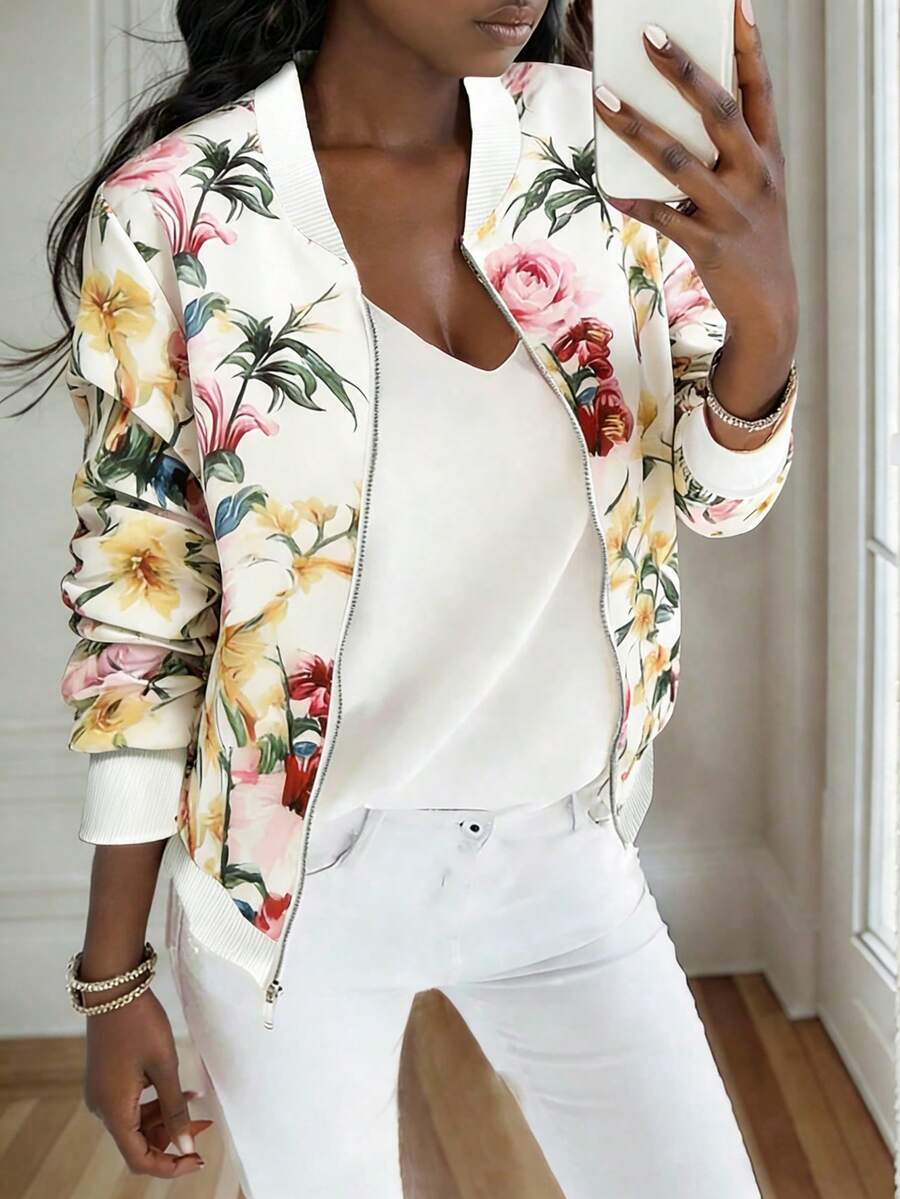 Chaqueta con cremallera con estampado floral casual para mujer - Multicolor - Ver 1