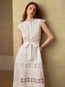 PREMIUM ELEGANT CONTRAST GUIPURE LACE DRESS - White - View 6