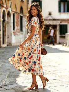 V-Neck Elegant Ditsy Floral Waist Cinched Summer Dress - Multicolor - View 2