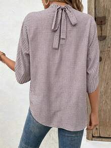EMERY ROSE Stand Collar Pleated Plaid Print Casual Loose Shirt, Spring/Summer - Khaki - View 2