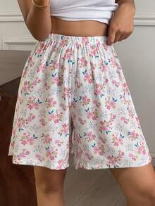 DAZY Loose Ditsy Floral Straight Leg Short Pajama Pants For Women, Sleepwear - White - View 1