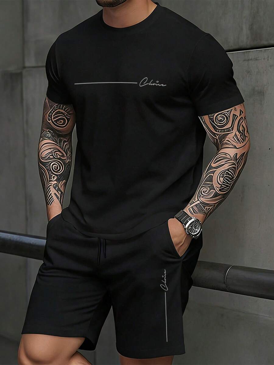 Manfinity Homme 男士极简黑色圆领T恤短裤套装,手绘线条字母印花圆领T恤短裤套装,极简奢华休闲度假户外男士T恤短裤套装 - 黑色 - 查看 1