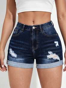 Pantalones cortos de mezclilla con dobladillo deshilachado y enrollable, Shorts informal, Pantalones cortos vaqueros informales y versátiles para mujer, Jeans - Azul - Ver 3