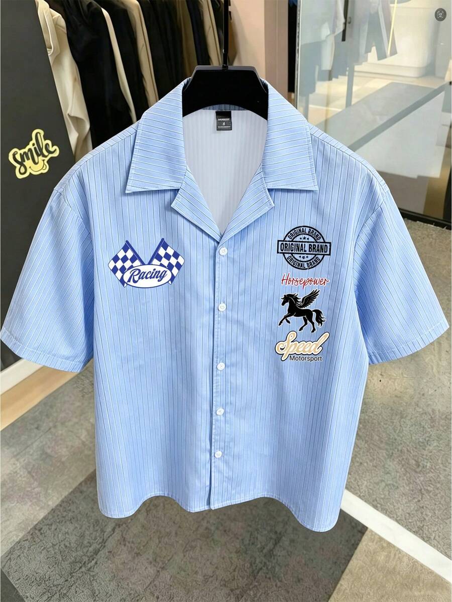 Manfinity EMRG Áo sơ mi nam kẻ sọc, dáng rộng, in chữ. - Màu xanh lam - Xem 1