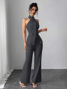 Conjunto de 2 piezas elegante con top sin mangas de cuello halter y pantalones largos de unicolor para mujer - Gris Oscuro - Ver 4
