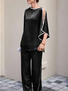 Modelyn Black & Apricot Contrast Satin Loose Pants With Pockets - Black - View 4