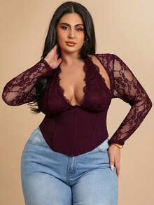 SHEIN BAE 大码女式蕾丝拼接性感百搭约会之夜吊带上衣 - 酒紅色 - 查看 7