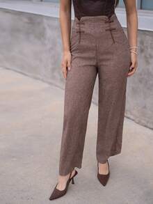 Andrea Bello Vintage Elegant Women Straight Leg Pants, Suitable For All Seasons, Contrast Color Trim, Coffee Color Valentine's Day Valentines Business Casual Woman Church Clothes Women Office Wear Women Cruise Attire Old Money Style Women Teacher Clothes Chinese New Year Valentine's Day Summer For Women Church Clothes Women Festival Outfits For Women - Coffee Brown - View 6