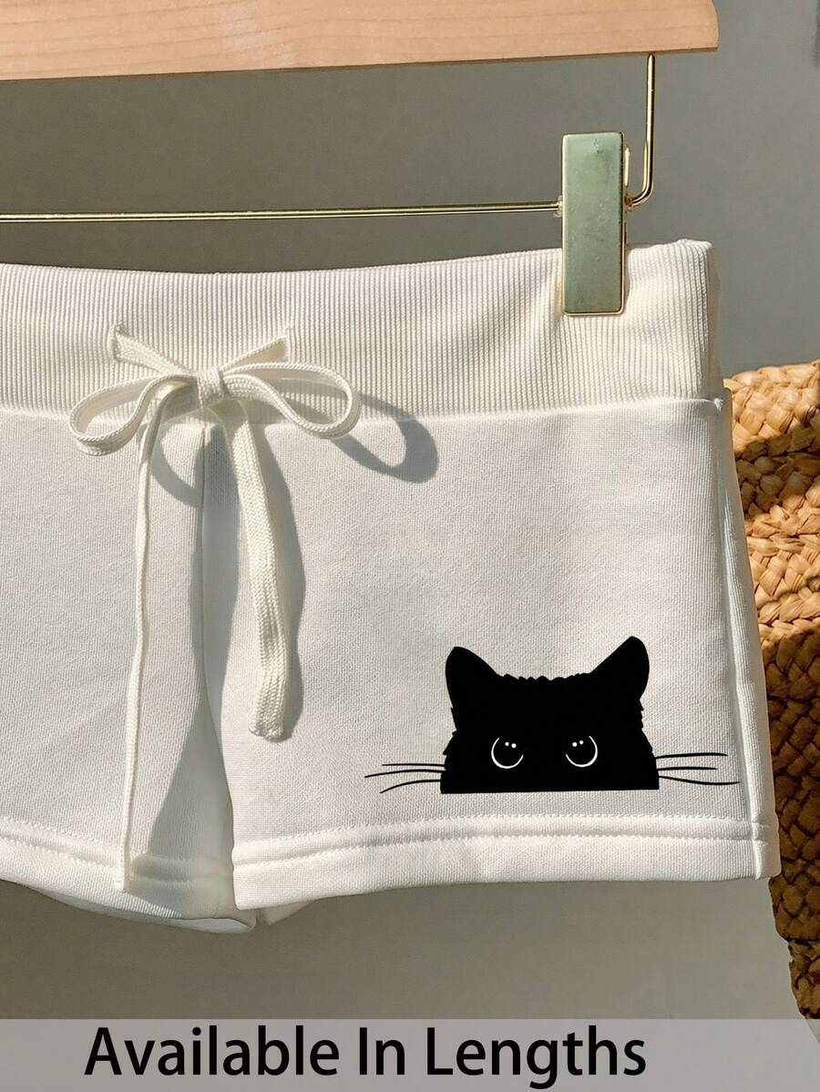 Comfortcana Women's Drawstring Waist Cat Print Casual Versatile Daily Wear Shorts - White - View 1