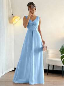 Rafferiza Bộ jumpsuit ống rộng bằng chiffon đính ngọc trai, cổ chữ V, eo xếp ly, thanh lịch, thích hợp làm trang phục dự tiệc cưới, màu tím. - Màu xanh nhạt - Xem 3