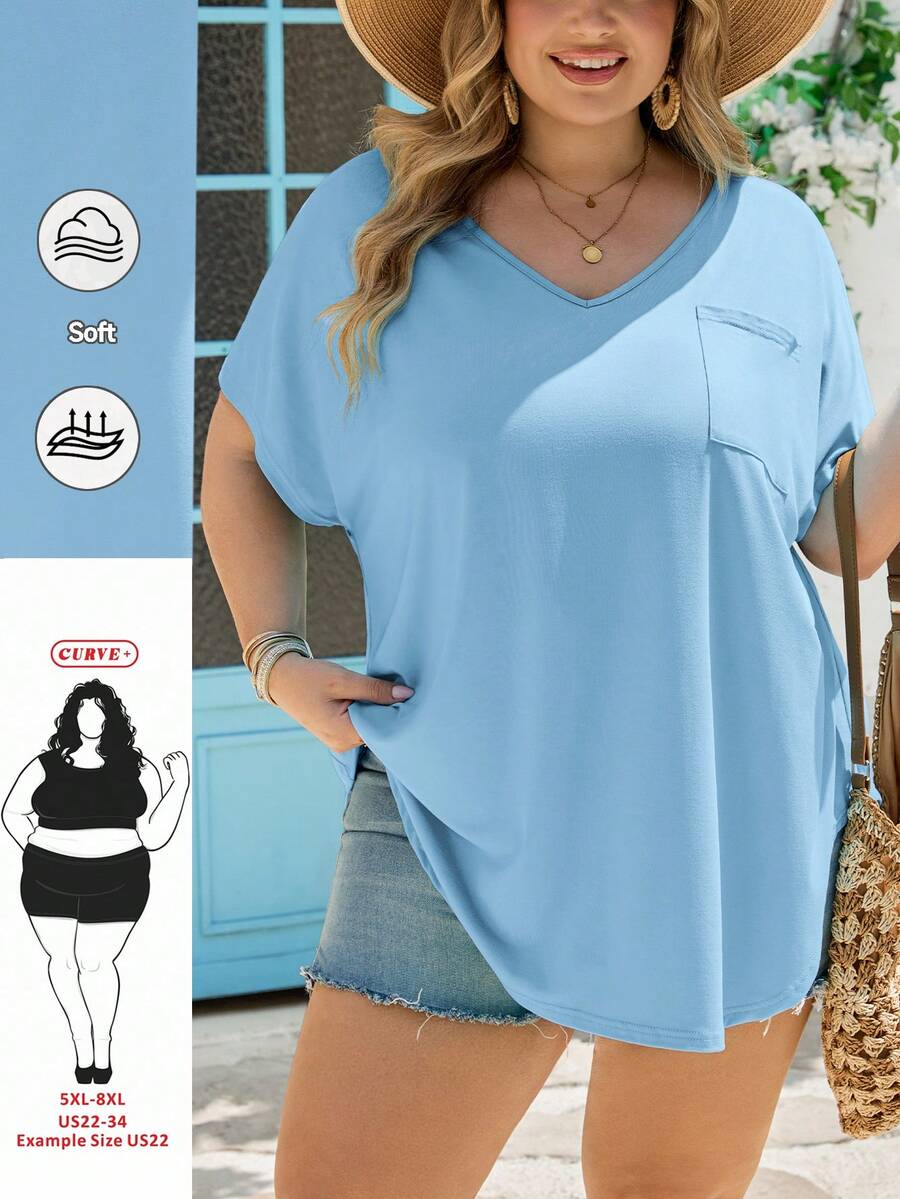 SHEIN CURVE+ 大码女式纯色V领短袖休闲口袋T恤