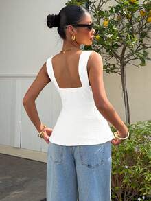 Muchica Top Peplum Blanc pour Femmes, Top Tricoté à Encolure Cœur, Top Élégant de Style Conservateur pour Vacances d'Été et Resort de Plage - Blanc - Voir 2