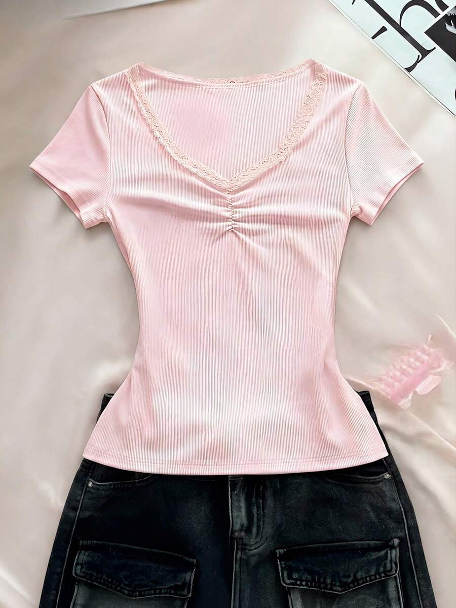 Plus Size Girls' Summer Casual All-Match Versatile Daily Wear Sweet Vacation Lace V-Neck Short Sleeve Fitted Ribbed Knit T-Shirt, Pink - Pink - View 1