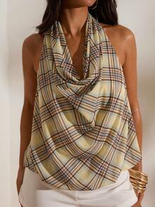 Women's Chiffon Halter Neck Plaid Vest, Suitable For Spring/Summer Vacation - Yellow - View 4