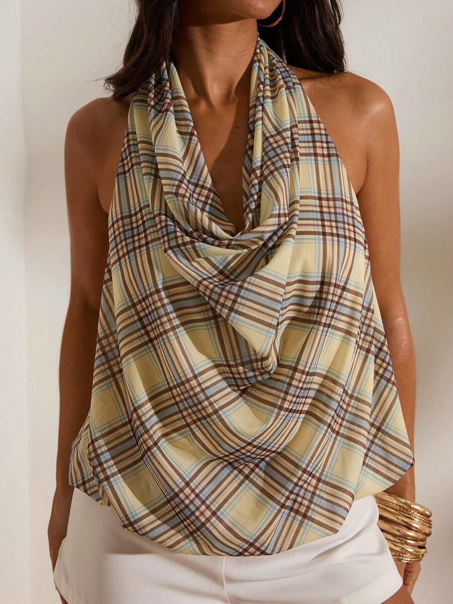 Women's Chiffon Halter Neck Plaid Vest, Suitable For Spring/Summer Vacation - Yellow - View 1