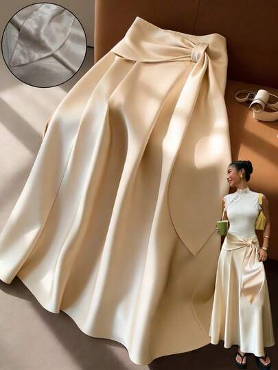 Franclia Women's Champagne Satin High Waist Maxi Skirt, Bow Tie Waist A-Line Flowy Long Skirt, Elegant Formal Skirt For Wedding Guest Party Dinner