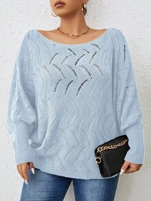 Vionelle 大码女式镂空不对称领休闲蝙蝠袖套头毛衣，适合秋冬季穿着 - 薄荷藍 - 查看 4