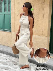 SHEIN Frenchy Bộ jumpsuit nữ thời trang, đa năng, có dây rút, đính hạt, thích hợp cho kỳ nghỉ. - Màu be - Xem 3