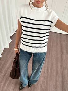 Siren Gaze 女士休闲条纹蝙蝠袖针织上衣，夏季 - 黑與白 - 查看 6