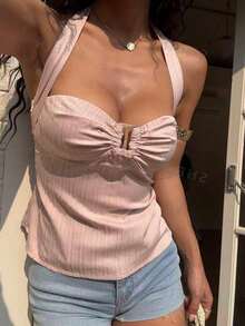Sunnyshic Women's Casual Simple Solid Color Pleated Halter Neck Blouse, Summer - Baby Pink - View 6