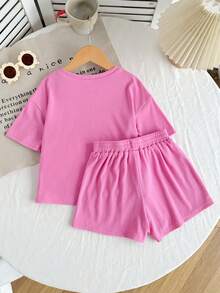 2pcs/Set Young Girls' Knitted Solid Pink Ribbed Texture Soft Comfortable Loose Crew Neck T-Shirt And Fitted Shorts Set - Watermelon Pink - View 2