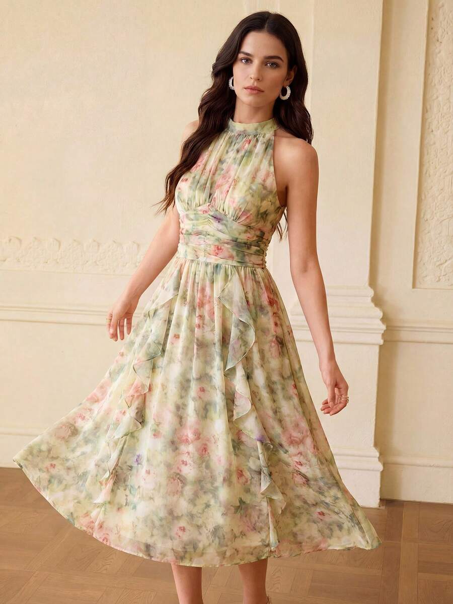 ZEYLAH 全身花卉印花褶饰腰部荷叶边挂脖连衣裙，女装
