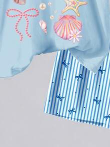 Tween Girls' Summer Casual Beach Vacation Shell & Starfish Letter Print Loose Shoulder T-Shirt And Striped Shorts Set - Multicolor - View 6
