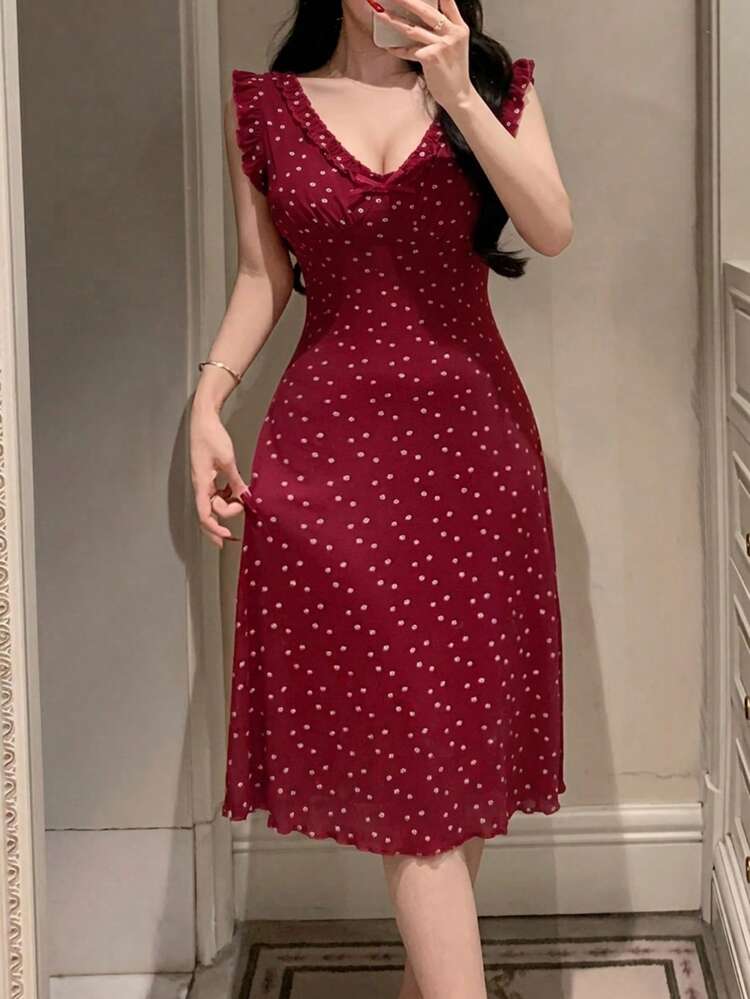 Floral Print Ruffle Trim V-Neck Sleeveless Waist Cinched Short Dress, Wine Red, Summer Wear For Women